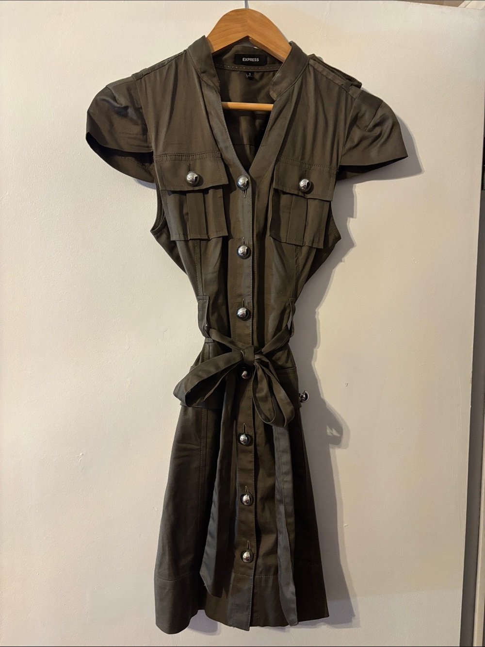 Express Olive Utility Mini Dress with Tie Waist